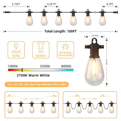 Zuske 100FT LED Outdoor String Lights with 30 Shatterproof Edison Bulbs, 2700K Commercial Grade IP65 Waterproof Patio Lights, Heavy Duty Outside Hanging Lights for Backyard, Balcony, Garden, Porch