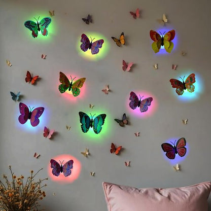3D Butterfly Wall Decor - Glowing Lights & Stickers for Bedroom, Party, and Birthday | 24 Pcs