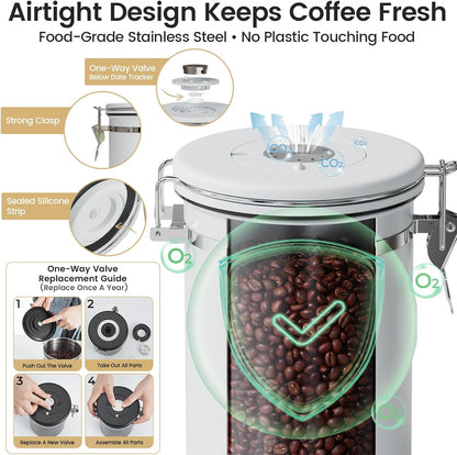 Veken Coffee Canister - Airtight Stainless Steel Container with Window | 22oz White for Grounds, Beans, Tea, and More
