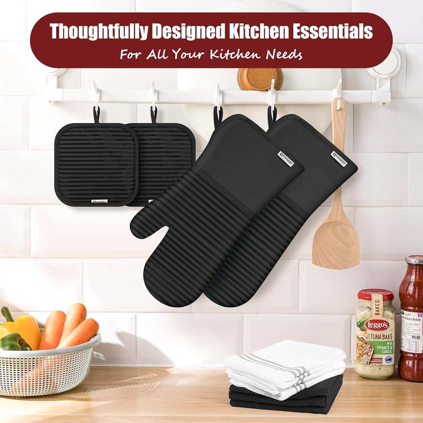 Skiennix Oven Mitts and Pot Holder Set - 500°F Heat Resistant Silicone Grip | 6 Pack Cotton Dish Towels - Black Kitchen Essentials