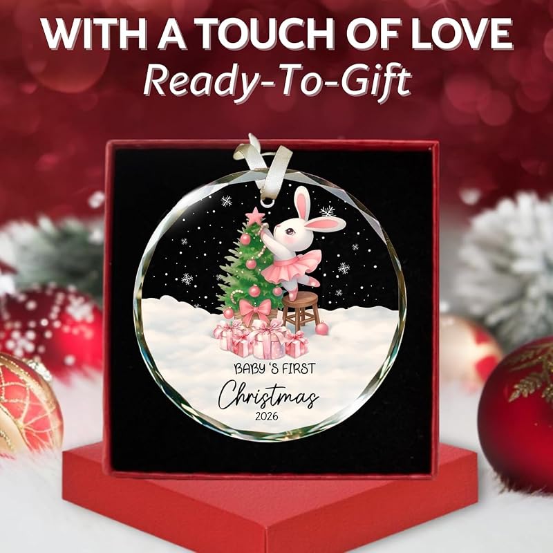 Baby Girl First Christmas Ornament 2026 - Glass Keepsake with Pink Bunny, 3.07 in, Variation: Baby 1st Christmas Pink