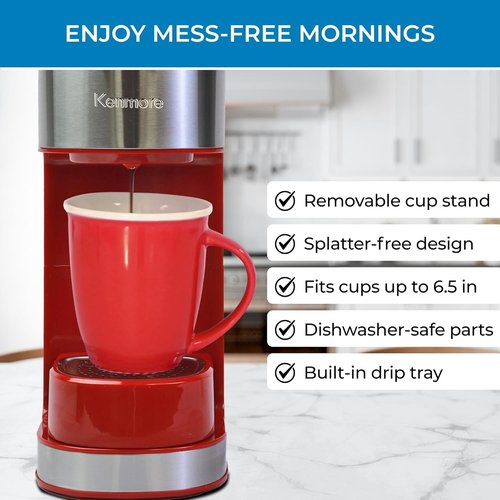 Kenmore Single Serve Coffee Maker - Compatible with Keurig K-Cup Pods & Ground Coffee | Travel Mug Friendly, Auto Shut-Off, Red