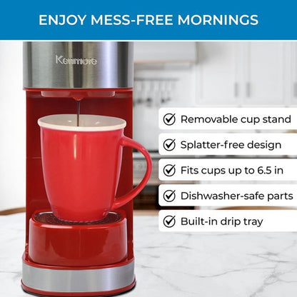 Kenmore Single Serve Coffee Maker - Compatible with Keurig K-Cup Pods & Ground Coffee | Travel Mug Friendly, Auto Shut-Off, Red