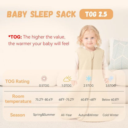 Yoofoss Baby Sleep Sack 6-12 Months TOG 2.5 Winter Baby Wearable Blanket, 100% Organic Cotton Infant Toddler Sleeping Sack 2-Way Zipper Warm Quilted Sleep Sack