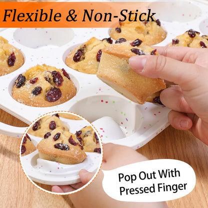 Skiennix Silicone Muffin Pans - Nonstick 12-Cup Molds with Metal Reinforced Frame | 2.8 Inch, BPA Free, Dishwasher Safe