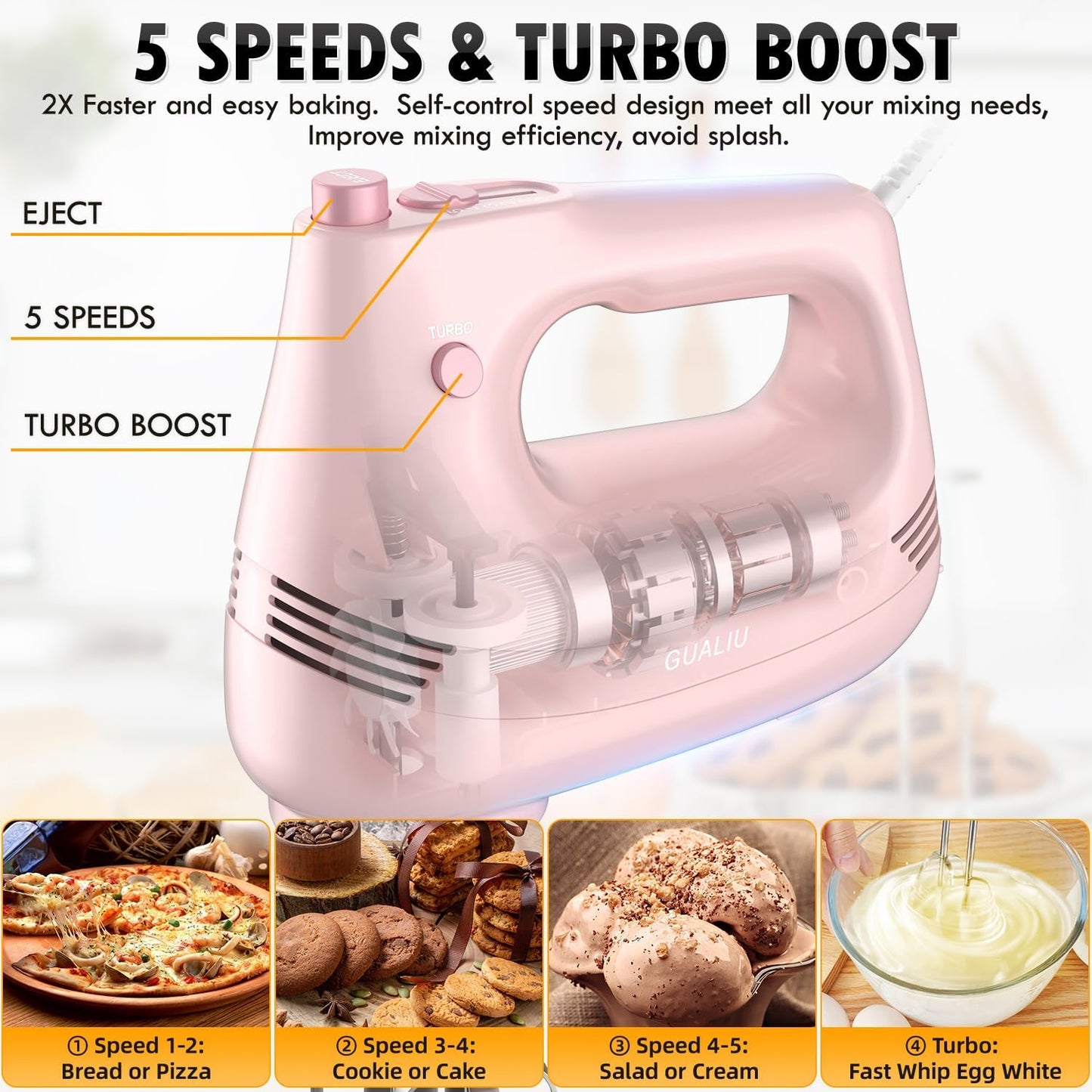 Skiennix Electric Hand Mixer - Stainless Steel Whisk & Dough Hook | 5-Speed Turbo Boost, Pink