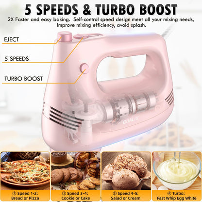 Skiennix Electric Hand Mixer - Stainless Steel Whisk & Dough Hook | 5-Speed Turbo Boost, Pink
