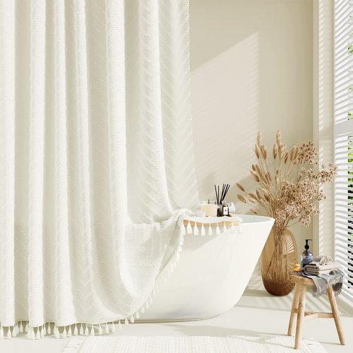 Dynamene Cream Boho Fabric Shower Curtain, Tufted Chevron Striped Tassel Textured Shower Curtain for Bathroom, Farmhouse Elegant Waterproof Minimalist Cloth Shower Curtain Set, 12 Hook, 72x72