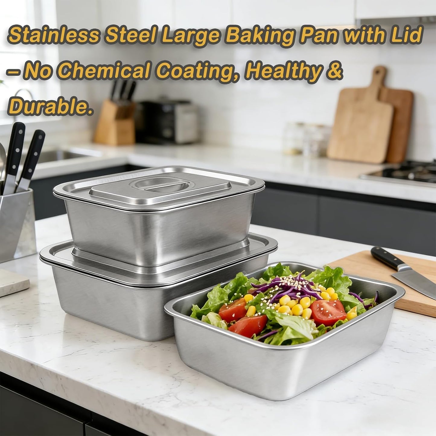 Stainless Steel Baking Pan Set by [Brand Name] - 2-Piece Lasagna & Roasting Pans with Lids | 4-Inch Deep, 7.4 QT & 5.1 QT