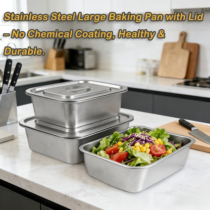 Stainless Steel Baking Pan Set by [Brand Name] - 2-Piece Lasagna & Roasting Pans with Lids | 4-Inch Deep, 7.4 QT & 5.1 QT