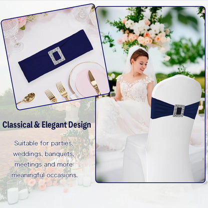 Skiennix 100 Pack Spandex Stretch Chair Sashes - Elastic Covers with Buckle Slider for Weddings & Events | Navy Blue