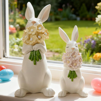 WDS Wondrous Bunny Figurines Set - Cream White Bunnies with Pastel Flower Bouquets | Cute Spring Home Decor Statues (Set of 2)