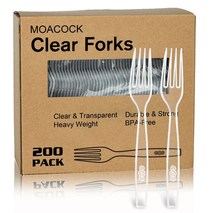 MOACOCK 200 Count Clear Disposable Plastic Forks, Heavy Weight Disposable Forks Plastic Utensils for Parties, Picnics, Big Event, Daily Use