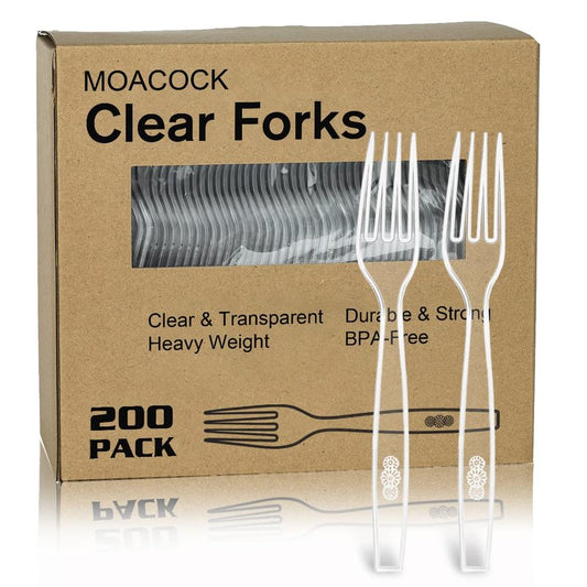 MOACOCK 200 Count Clear Disposable Plastic Forks, Heavy Weight Disposable Forks Plastic Utensils for Parties, Picnics, Big Event, Daily Use