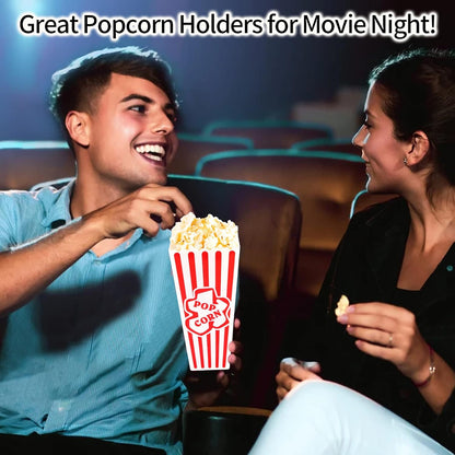 Retro Style Plastic Popcorn Containers - Red & White Striped Reusable Boxes for Movie Night | 4 Pack (4”x8”)