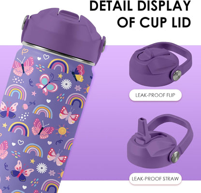 Skiennix 16oz Purple Kids Water Bottle - Stainless Steel Insulated Tumbler with Straw Lid | Leakproof & BPA-Free, Perfect for School & Travel