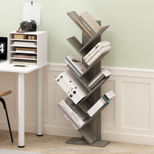 Furinno Tree Bookshelf - 9-Tier Angled Open Bookcase | Stylish French Oak Design, 8.4 x 15.7 x 50.9 Inches