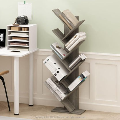 Furinno Tree Bookshelf - 9-Tier Angled Open Bookcase | Stylish French Oak Design, 8.4 x 15.7 x 50.9 Inches