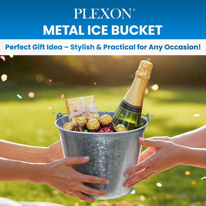PLEXON Metal Ice Bucket for Parties Coctail Bar Restaurant - Drink Beer Champagne Metal Pail Bucket with Handle, Beverage Chiller, Galvanized Steel, 1.3 Gallon, Set of 3