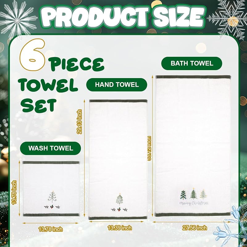 Peryiter 6 Pack Christmas Tree Towel Set - Embroidered Cotton Bath, Hand & Washcloths (Variation: Christmas Tree)