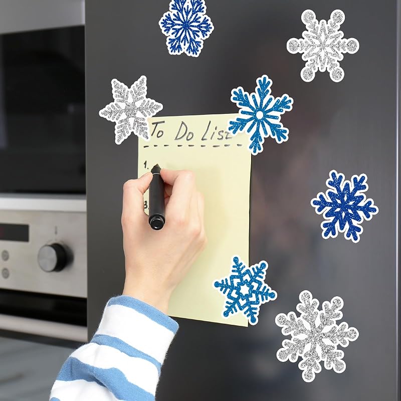 Whaline Blue Silver Snowflake Refrigerator Magnets - 15 Pcs Christmas Kitchen Door & Car Decor
