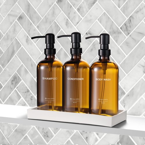 Casa Sofia Shampoo and Conditioner Dispenser | Refillable Shampoo Dispenser Bottles with Pump | Set of 3, 16 OZ Amber Glass Shower Soap Dispensers with Concrete Tray | Modern Bathroom Essentials