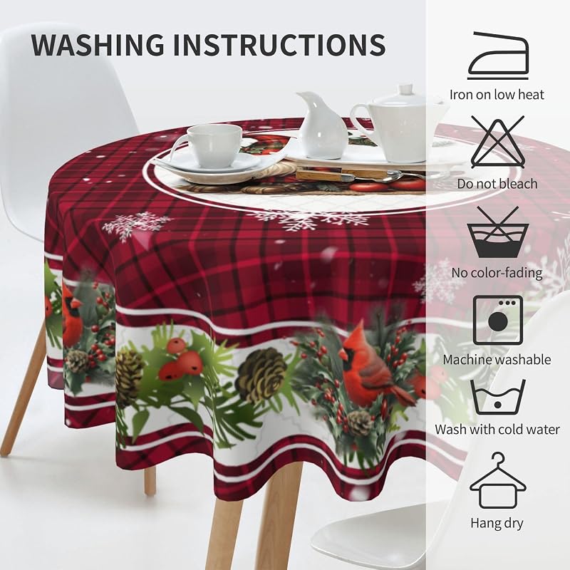 Christmas Bird Gnome Round Tablecloth 60 Inch - Red Plaid, Washable