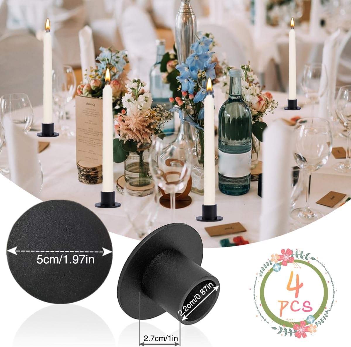 Skiennix Matte Black Iron Candle Holders - 4 PCS Elegant Centerpieces for Home Decor & Events