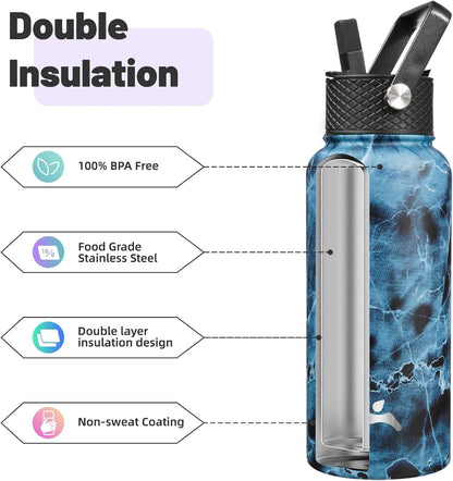 Skiennix 32 oz Insulated Stainless Steel Water Bottle - Marble Ocean Design with 3 Lids