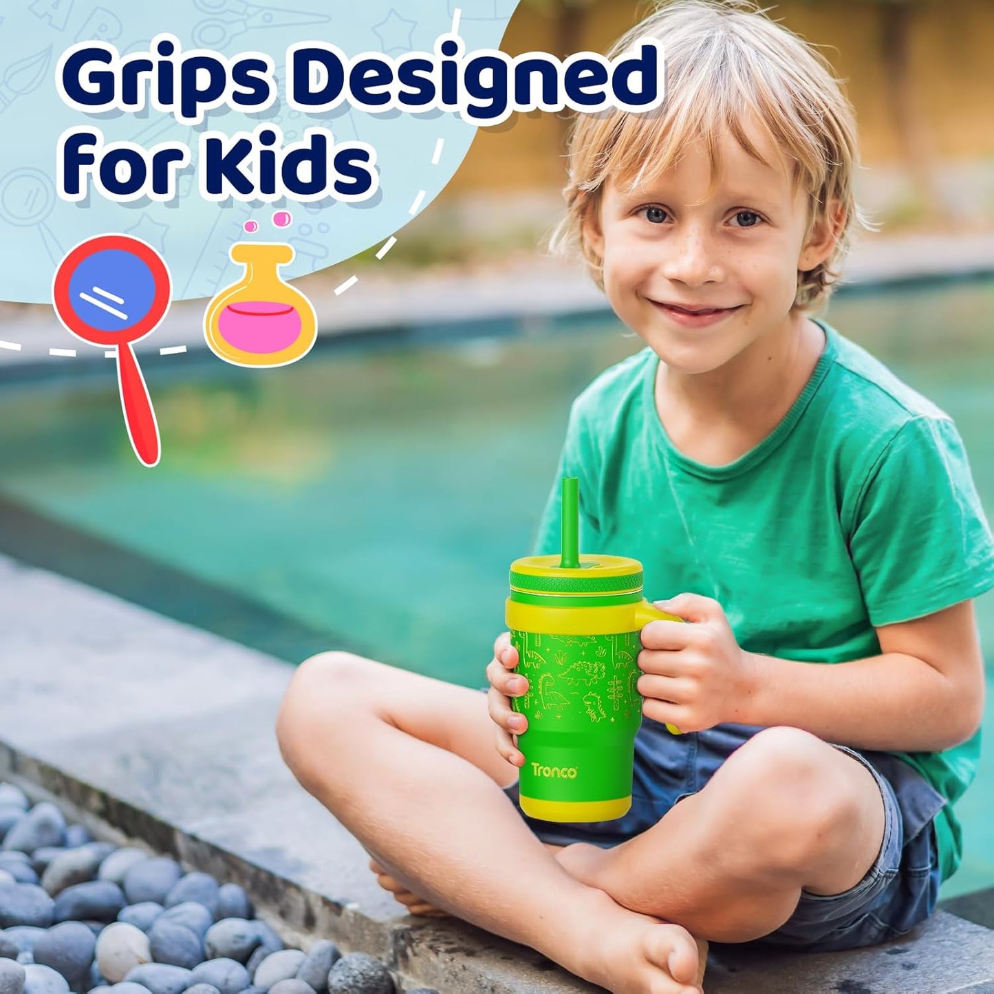 Tronco Kids Insulated Tumbler - 14 oz BPA-Free Stainless Steel Cup with Handle & Flexible Straw