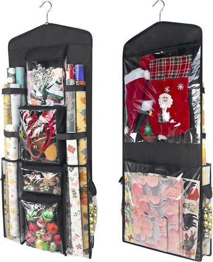 Gift Wrap Organizer by [Brand Name] - Double-Sided Hanging Storage with Multiple Pockets & Elastic Straps | Space-Saving Black Design