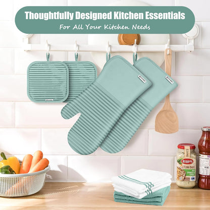 Skiennix Oven Mitts and Pot Holder Set - 500°F Heat Resistant Silicone Grip | 6 Pack Mint Green Cotton Kitchen Essentials