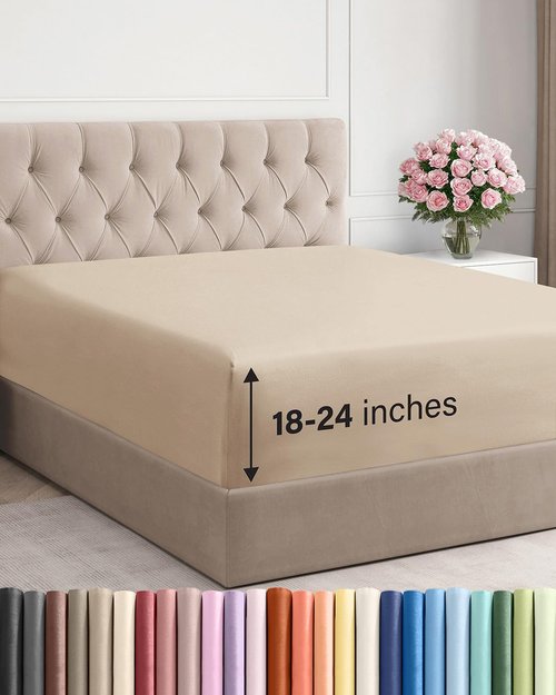 Extra Deep Cal King Fitted Sheet - Hotel Luxury Single Fitted Sheet Only - Easily Fits 18 inch to 24 inch Mattress - Ultra Soft, Wrinkle & Fade Free w/Extra Deep Pockets - Breathable & Comfy - Cream