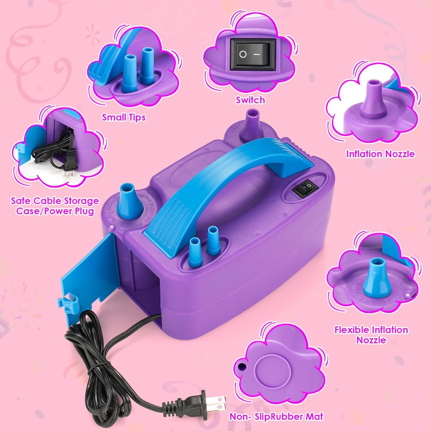Voircoloria Electric Balloon Pump - Portable Dual Nozzle Inflator with Tying Tools for Parties | 110V 600W
