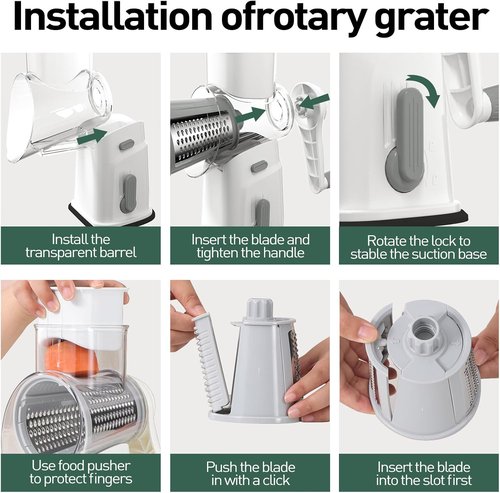 APSARAS USA Rotary Cheese Grater - 5-in-1 Hand Crank Shredder with Replaceable Blades & Suction Base
