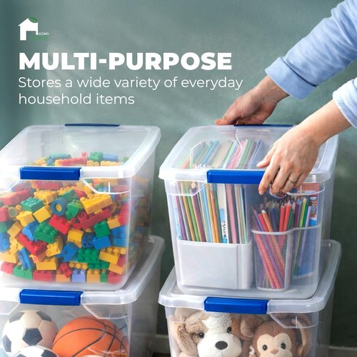 EconoHome Clear Storage Box - 95 Qt Heavy-Duty Plastic Bins with Lids | 4-Pack Stackable Organizers