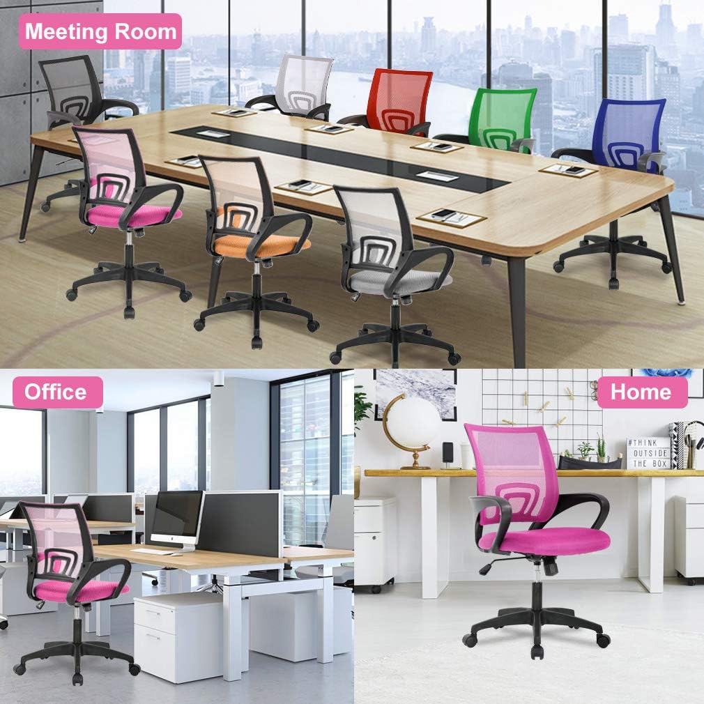 BestOffice Ergonomic Office Chair - Mid-Back Swivel Design with Breathable Backrest & Lumbar Support - Adjustable Height, Sponge Seat, Rolling Wheels - Pink - Pack of 2