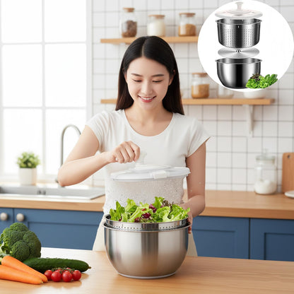 Skiennix 6L Stainless Steel Salad Spinner - Non-Slip Base & Multi-Use Vegetable Strainer