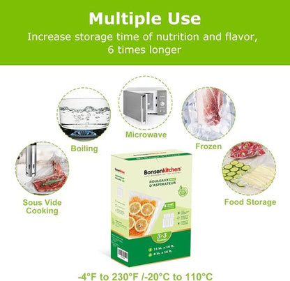Bonsenkitchen Vacuum Sealer Bags - 3 Rolls 11" x 16' & 3 Rolls 8" x 16' - BPA Free, Commercial Grade, Easy Storage