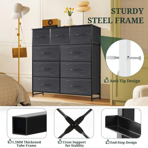 9-Drawer Dresser for Bedroom, Anti-Tip Tall Storage Organizer Chest of Drawers with Wooden Top and Metal Frame Fabric Bins for Closet, Living Room, Hallway, Entryway, Charcoal Black