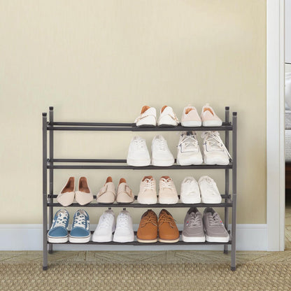 Storage Maniac Expandable Shoe Rack - Adjustable 4-Tier Organizer for 16 Pairs | Black Metal Design