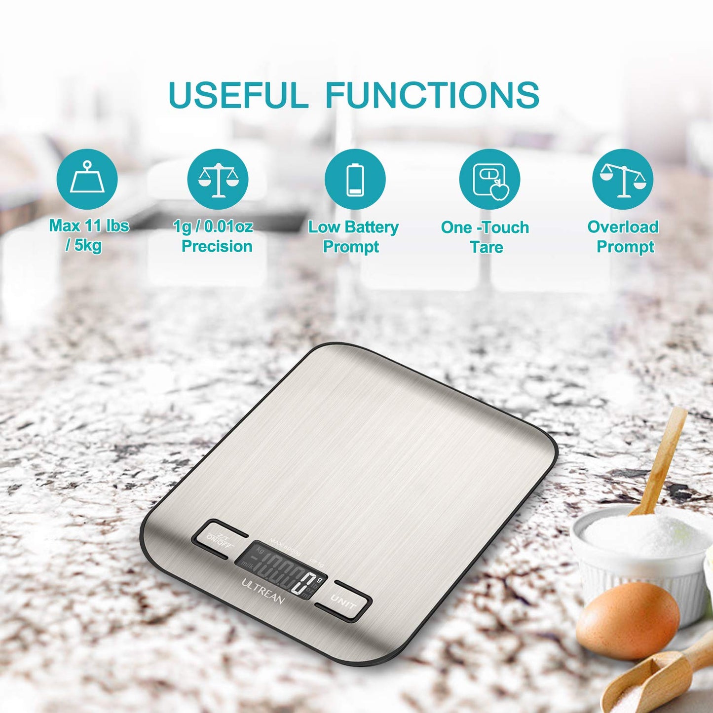 Ultrean Digital Kitchen Scale - Accurate LCD Display for Baking & Meal Prep | 11lb Capacity, 304 Stainless Steel