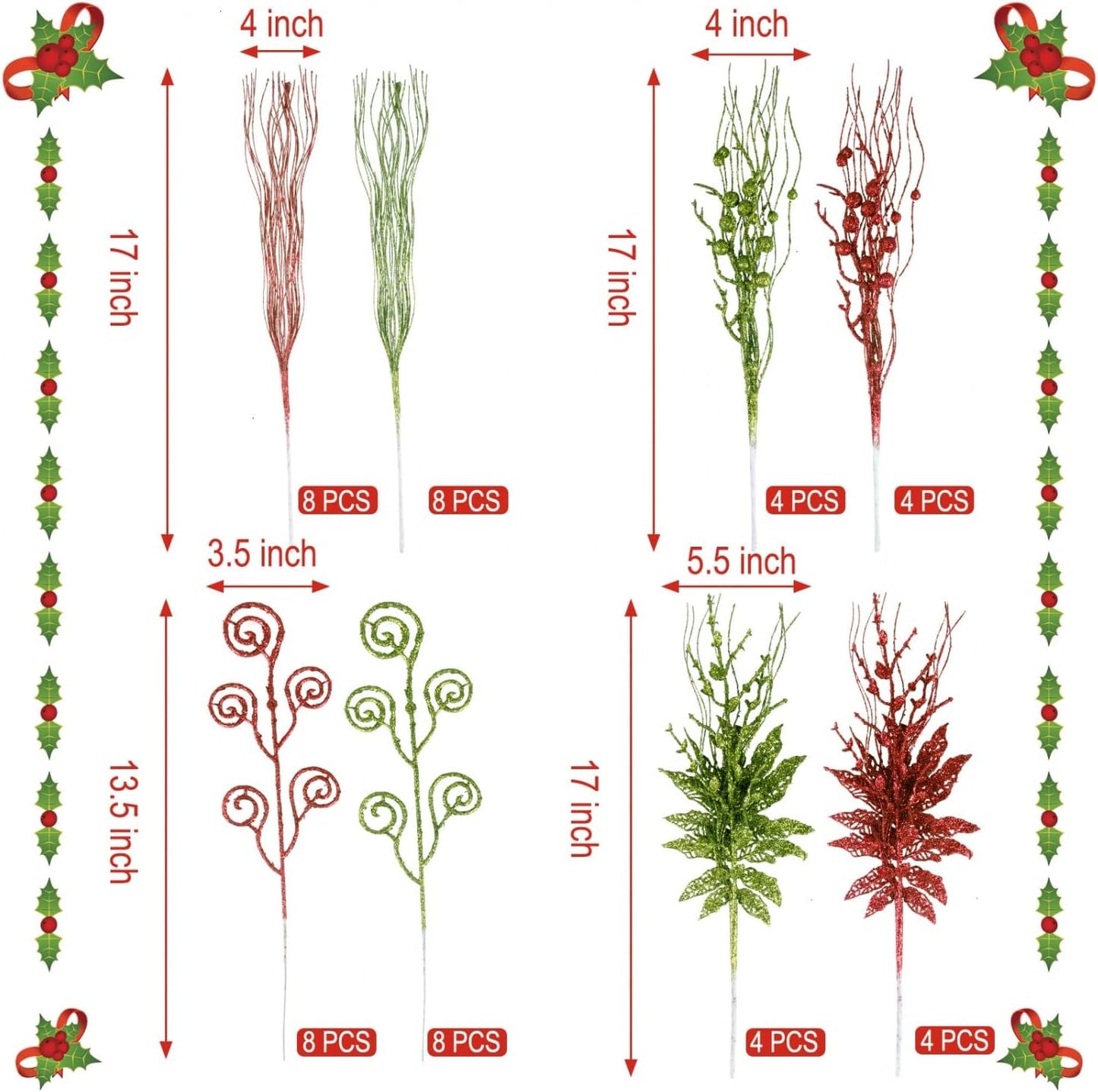 Regine Switzerland Glitter Christmas Tree Picks - 48 Pack 17'' Red & Green Curly Decorations for Holiday Decor