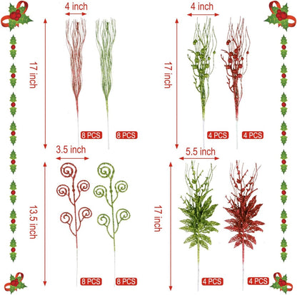 Regine Switzerland Glitter Christmas Tree Picks - 48 Pack 17'' Red & Green Curly Decorations for Holiday Decor