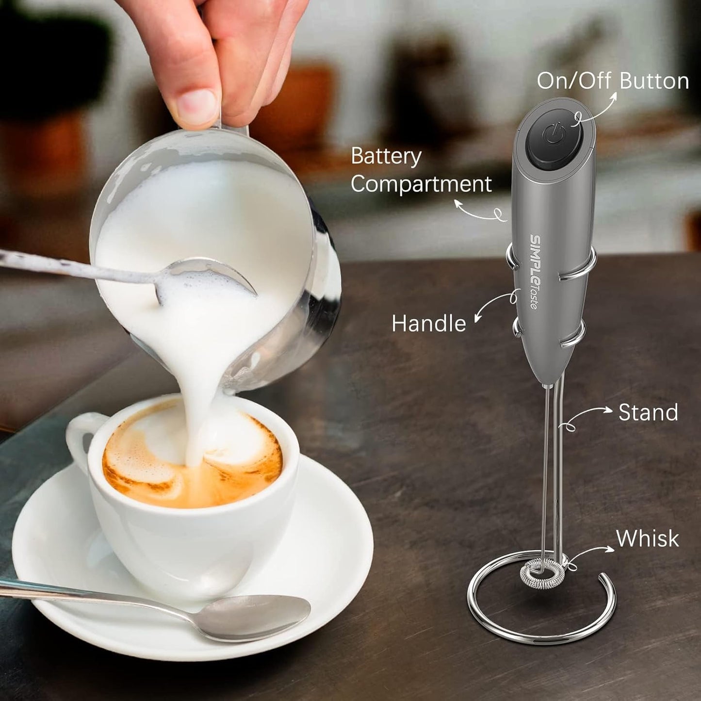 SimpleTaste Electric Milk Frother - Handheld Foam Maker with Stainless Steel Whisk for Lattes & Cappuccinos | Gray with Stand