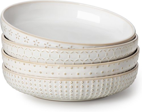 MALACASA Pasta Bowls - 48 Oz Large Ceramic Salad Bowls | Modern Relief Design, Set of 4