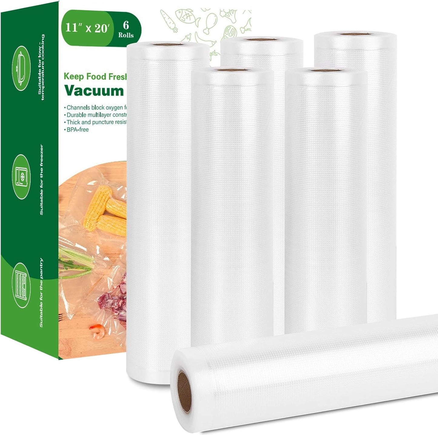 Moretoes Vacuum Sealer Bags - 6 Rolls of 11" x 20' BPA-Free Food Storage Bags for Meal Prep & Sous Vide