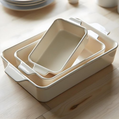 Kook Ceramic Bakeware Set - Versatile Rectangular Dishes for Casseroles & Lasagna | Set of 3, Ivory