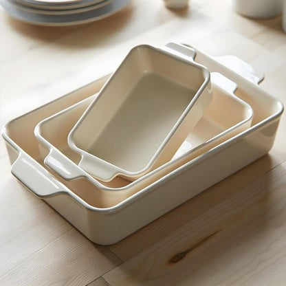 Kook Ceramic Bakeware Set - Versatile Rectangular Dishes for Casseroles & Lasagna | Set of 3, Ivory