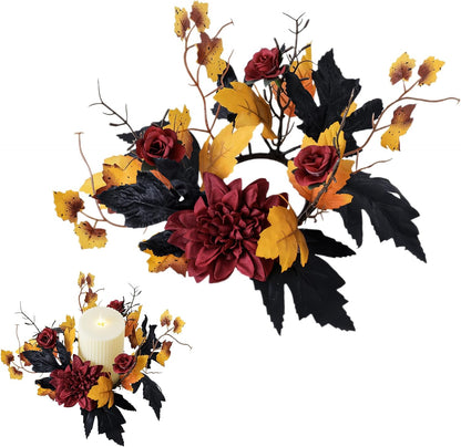 Regine Switzerland Halloween Candle Rings - Red Flowers & Artificial Maple Leaves Wreath | Perfect for Party Centerpieces